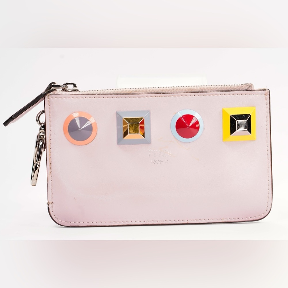 FENDI Vitello Pink Liberty Rainbow Studs Leather Coin Purse with Key Ring